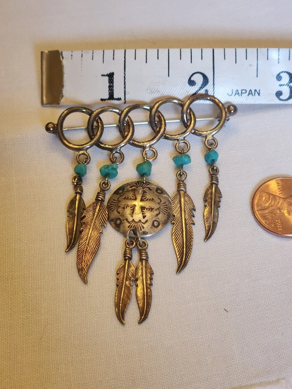 Vintage Native American Navajo Circle Brooch Pin w/ Feathers Turquoise Sterling